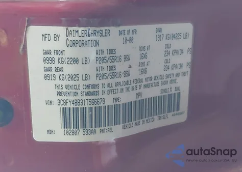 2001 Chrysler Pt Cruiser из США, поврежденный, VIN 3C8FY4BB31T566679